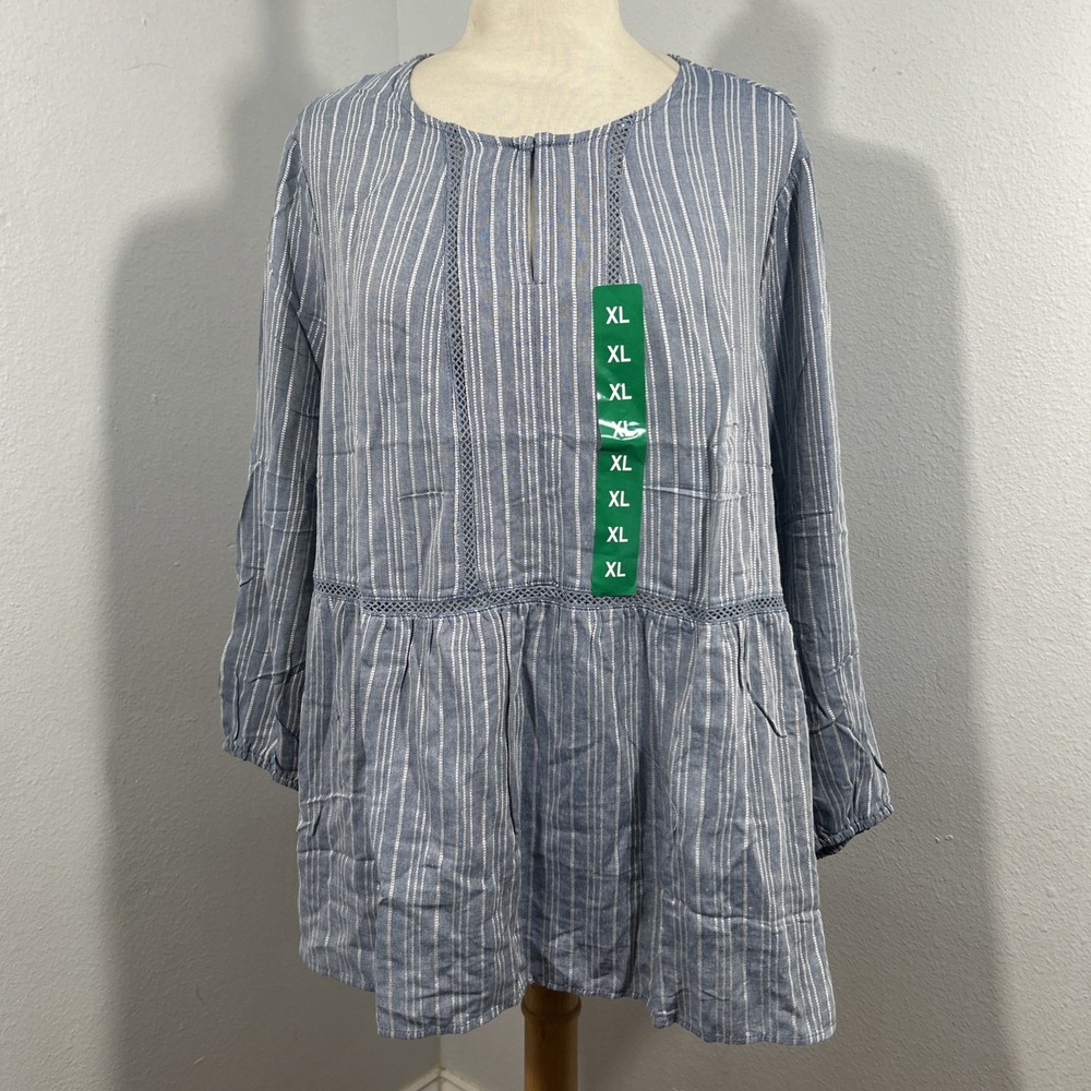 Fever Blouse Womens XL Blue Stripe Tiered Old Money